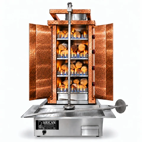 Gas & wood-fired doner machine · 4 burners · Copper cladding