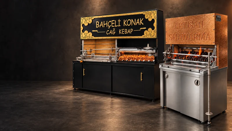 Arican cag kebab grills: black Bahceli Konak and copper Artisan Shawarma models