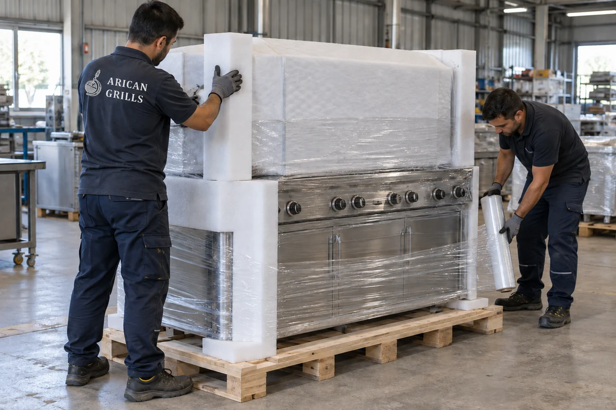 Workers in Arican Grills workwear wrapping stainless steel kitchen equipment in protective material