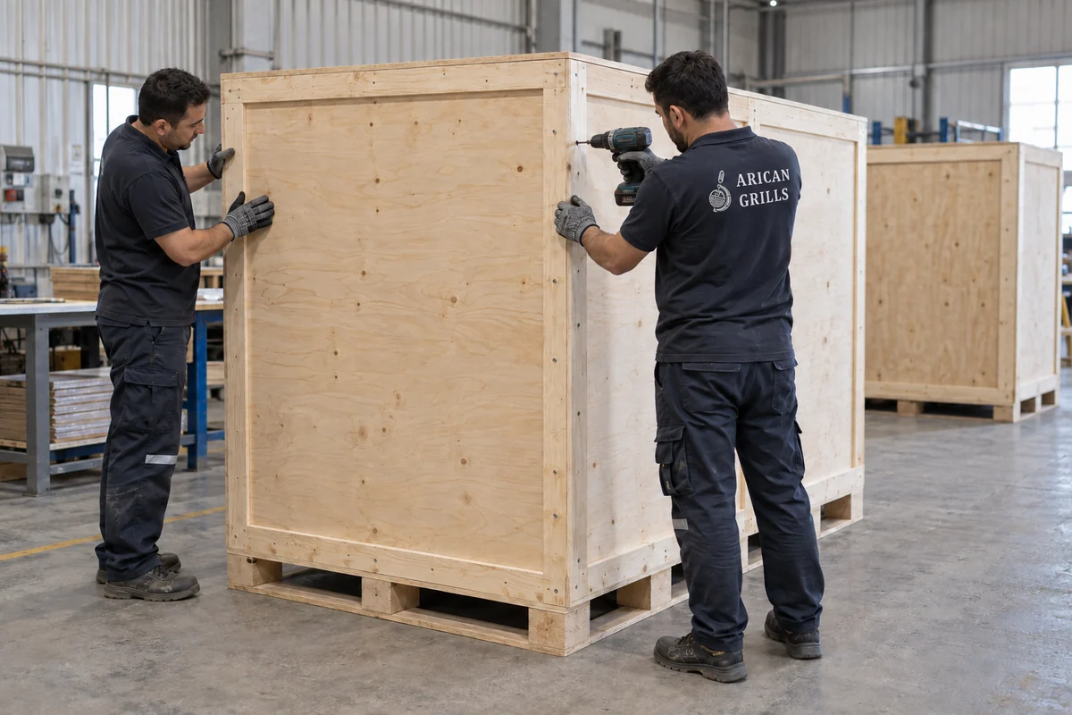 Workers assembling a wooden shipping crate around kitchen equipment