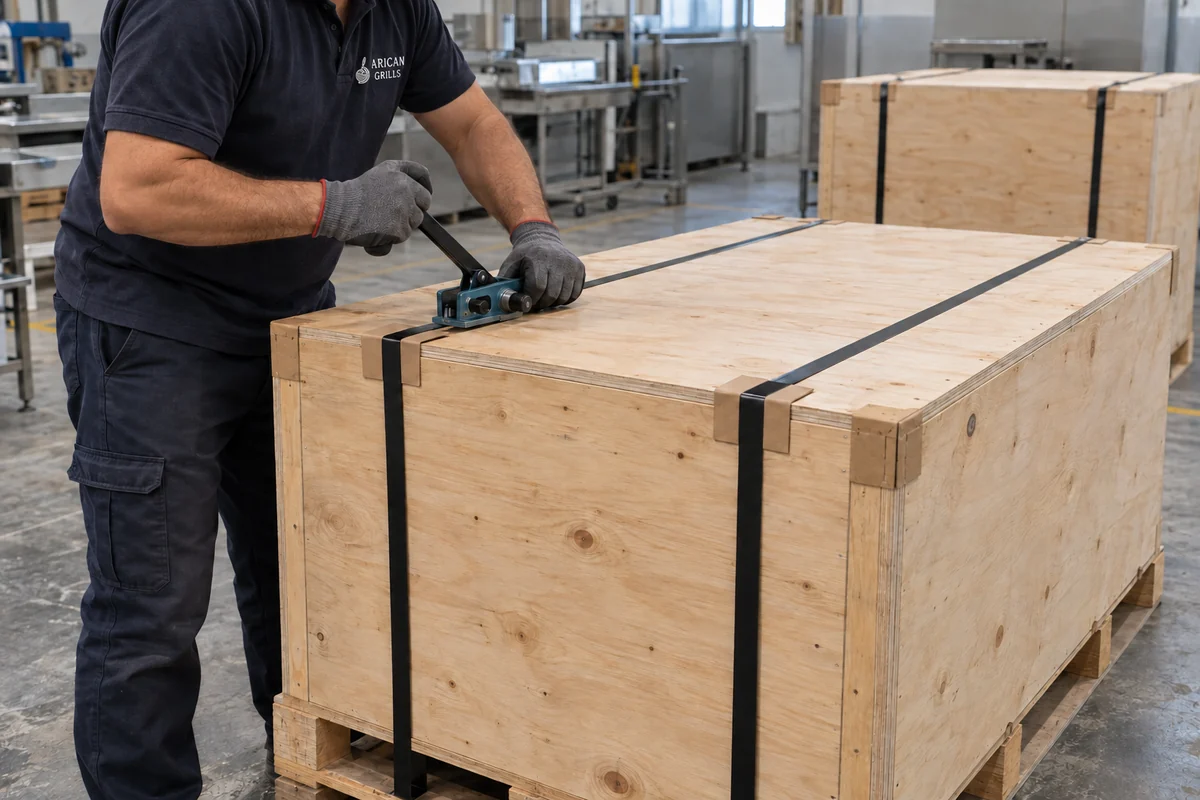 An Arican Grills worker securing a closed wooden shipping crate with straps