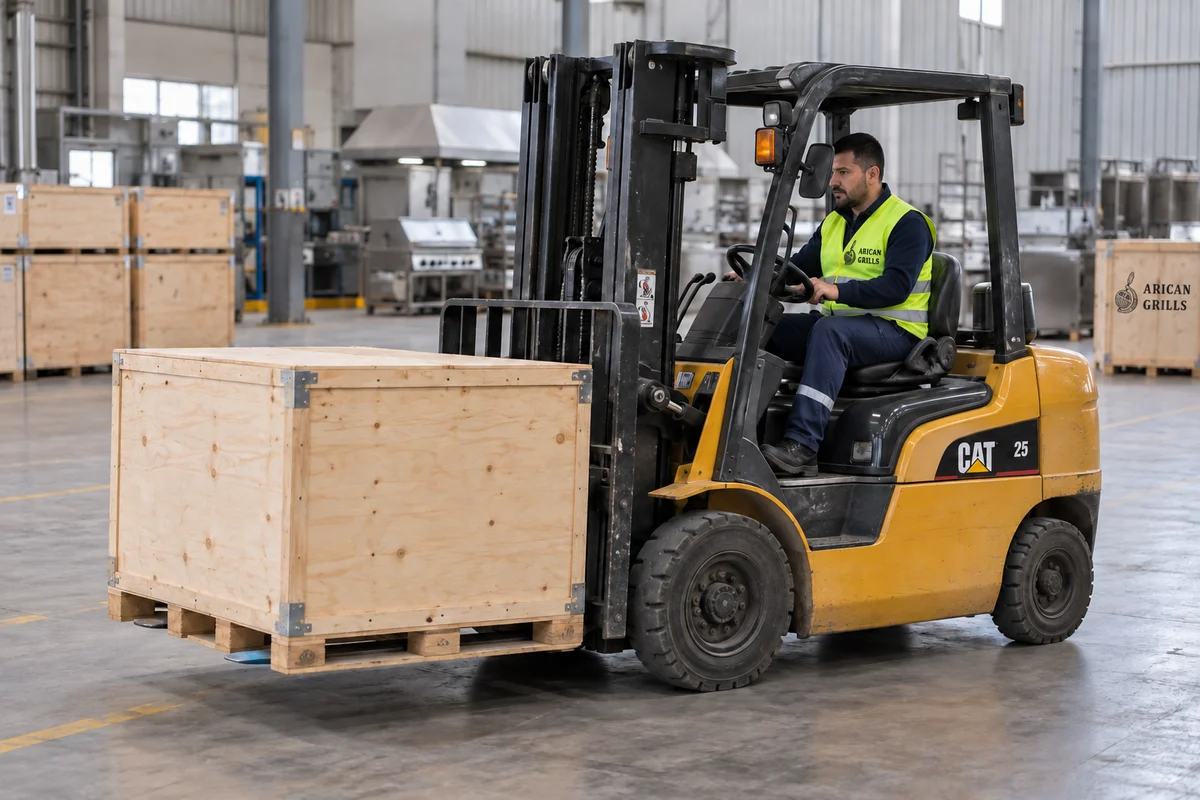 A forklift moving a closed wooden crate to the dispatch area