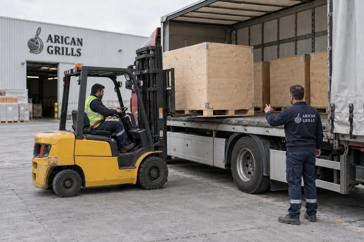 A forklift loading a closed wooden crate into a truck as a worker guides the loading