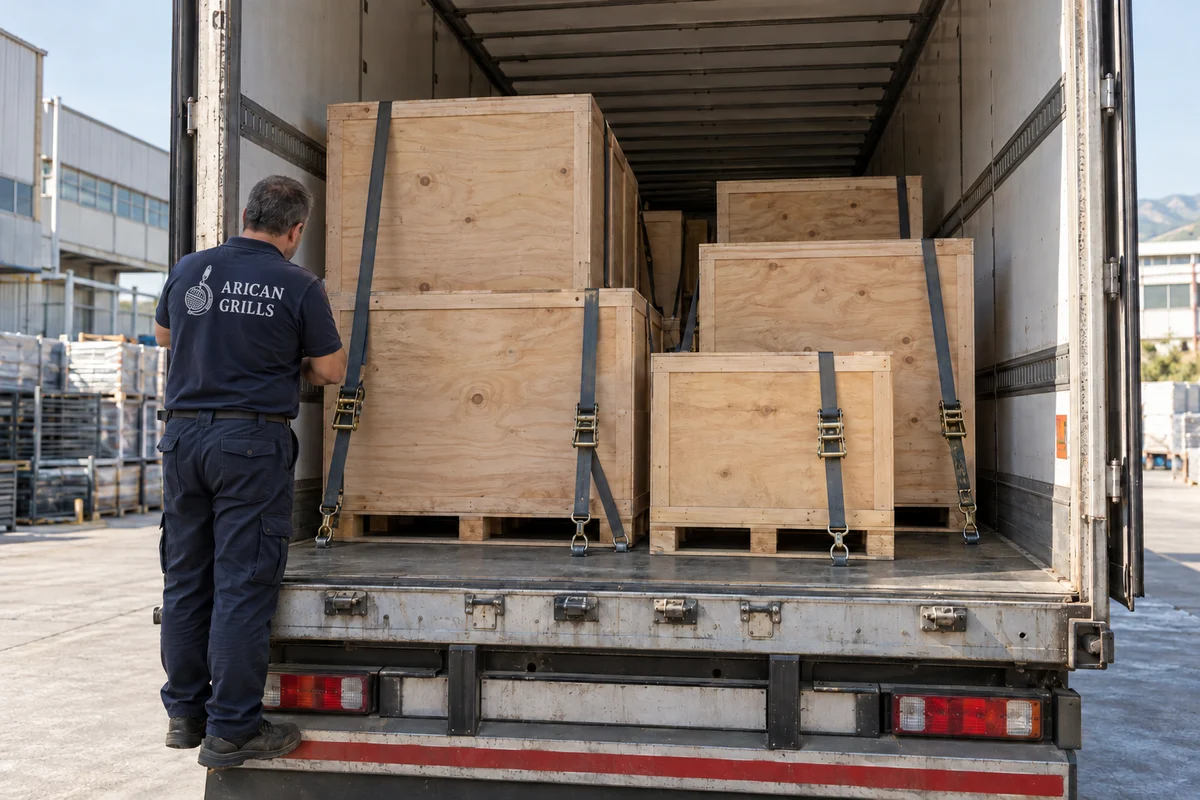 A truck prepared with closed wooden crates and the Arican Grills dispatch team