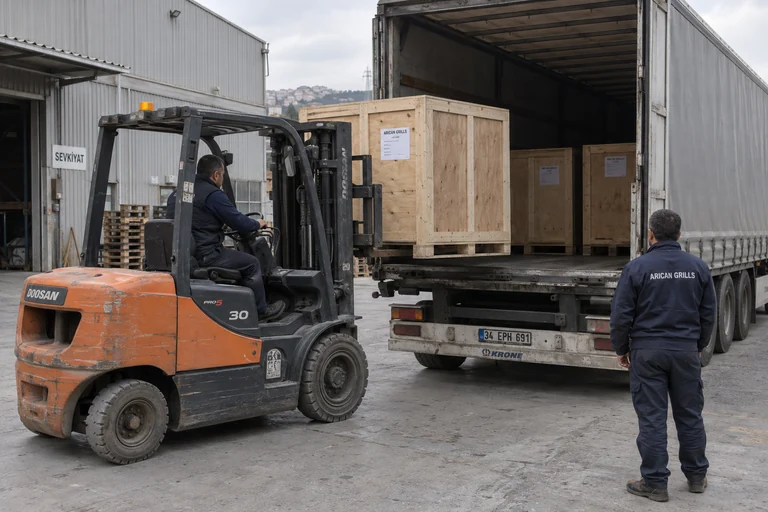 Illustration of the Arican Grills team loading closed wooden shipping crates onto a truck with a forklift